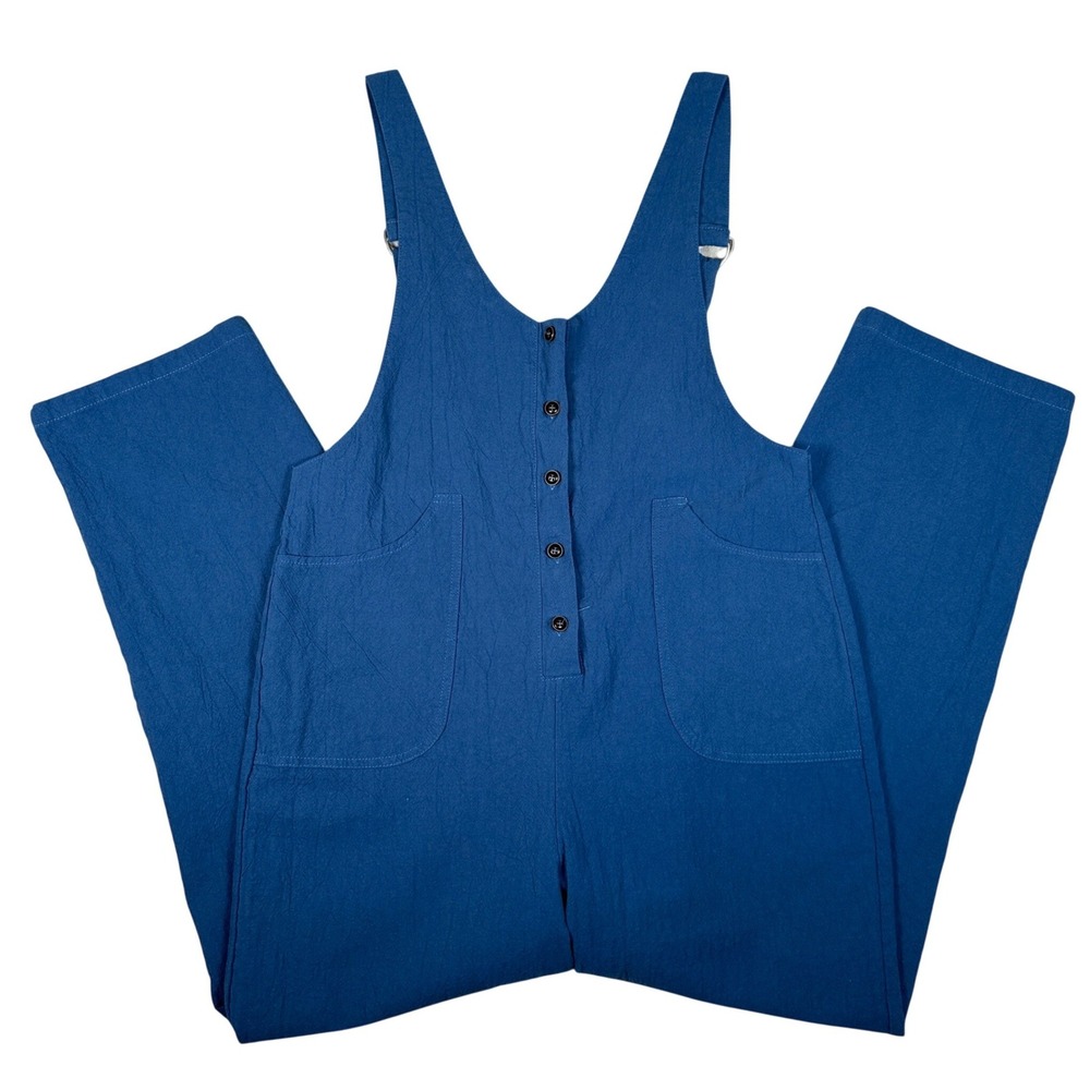 Lagenlook Blue Cotton Linen Button Front Overalls Jumpsuit Small loose oversize